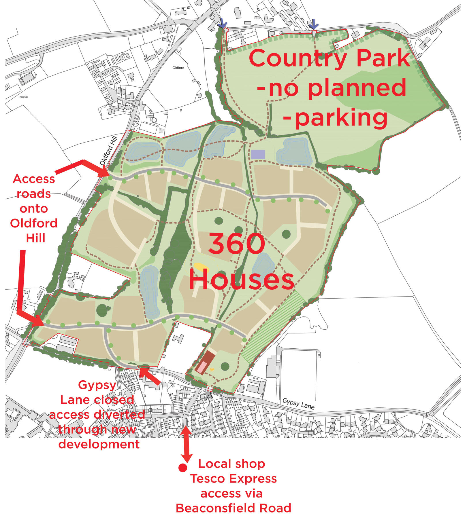 Aerial view showing the location of the proposed Oldford Hill housing development between Oldford and Stonebridge, Frome